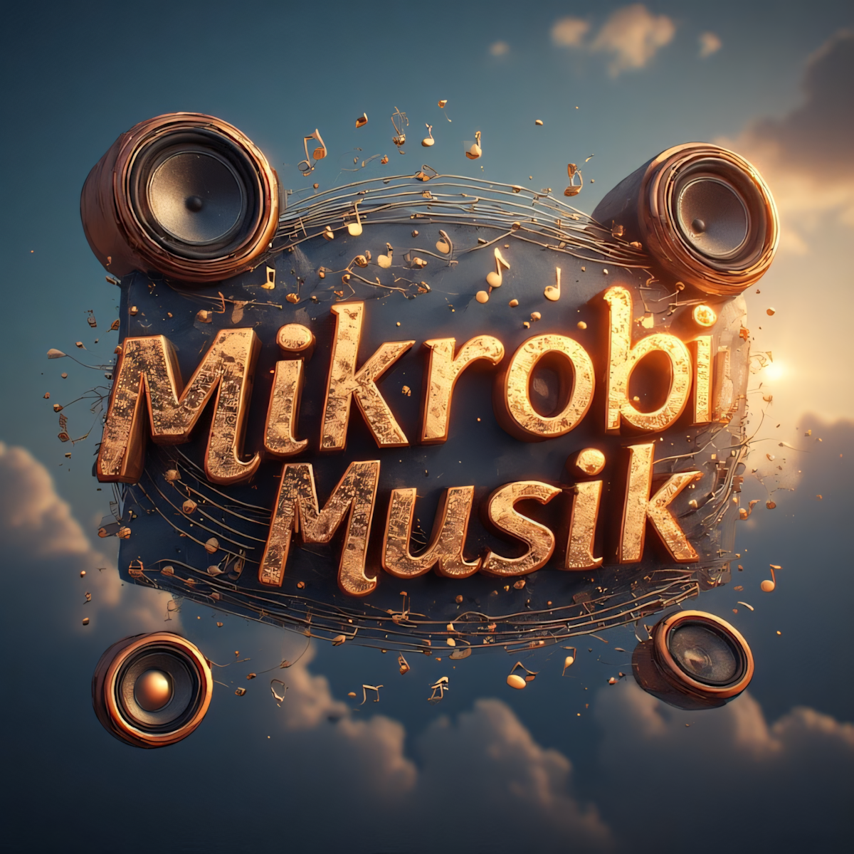 Mikrobi-Musik Artwork mit metallischem Schriftzug und Lautsprechern